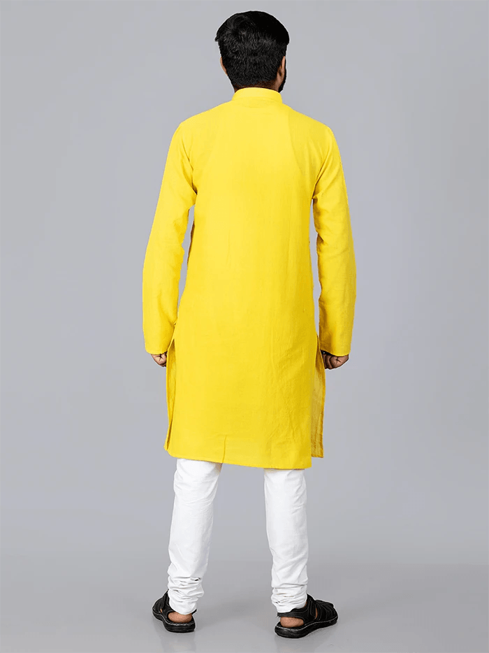 Yellow Handwoven Organic Cotton Embroidered Men Kurta