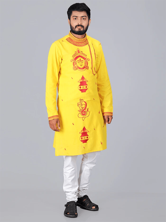 Yellow Handwoven Organic Cotton Embroidered Men Kurta