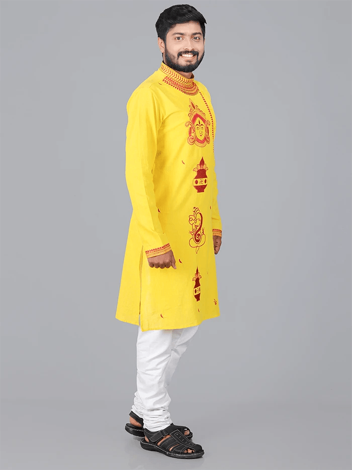 Yellow Handwoven Organic Cotton Embroidered Men Kurta