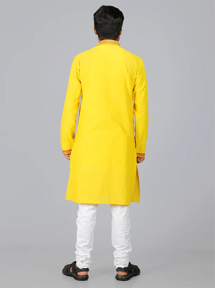 Yellow Handwoven Organic Cotton Embroidered Men Kurta