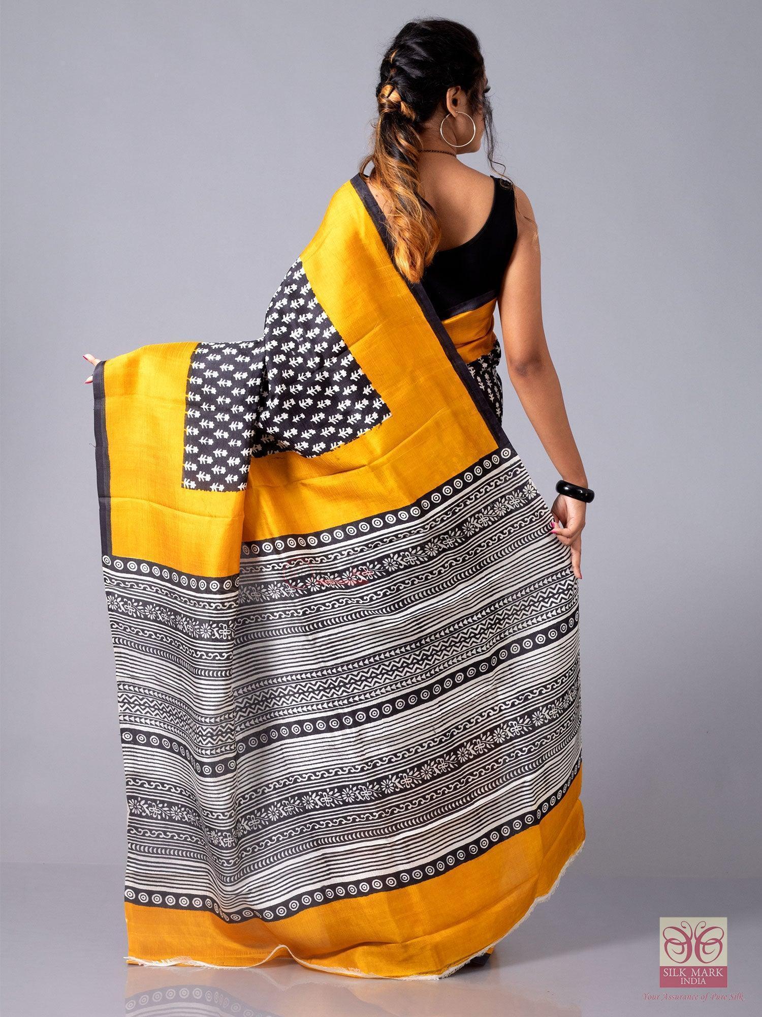 Allover Block Printed Murshidabad Silk Saree - WeaversIndia