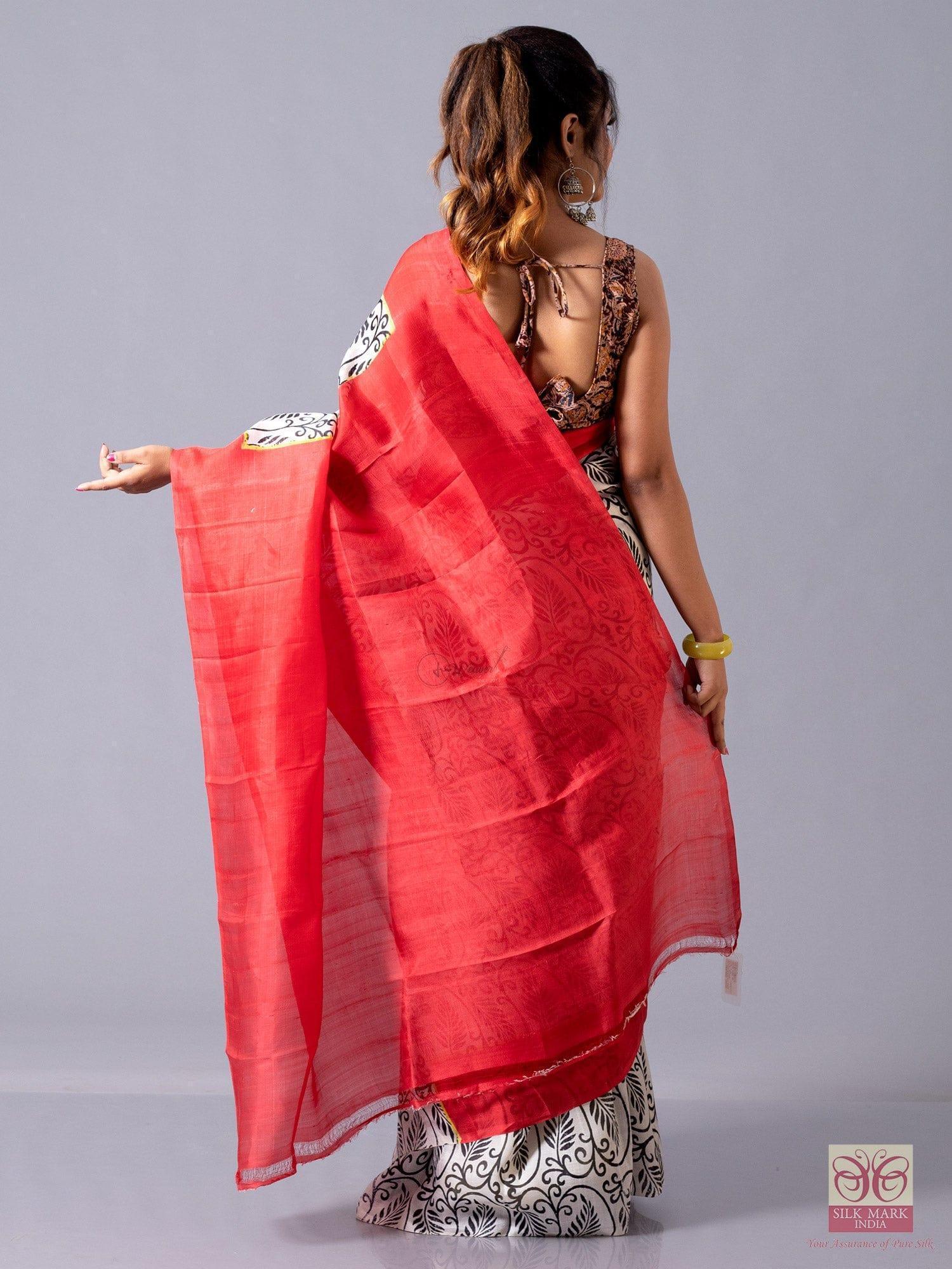 Allover Block Printed Murshidabad Silk Saree - WeaversIndia