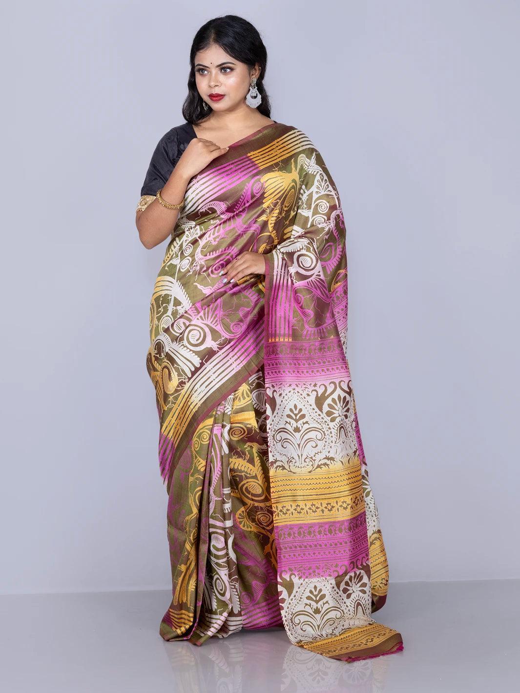 Allover Printed Bishnupuri Katan Silk Saree - WeaversIndia