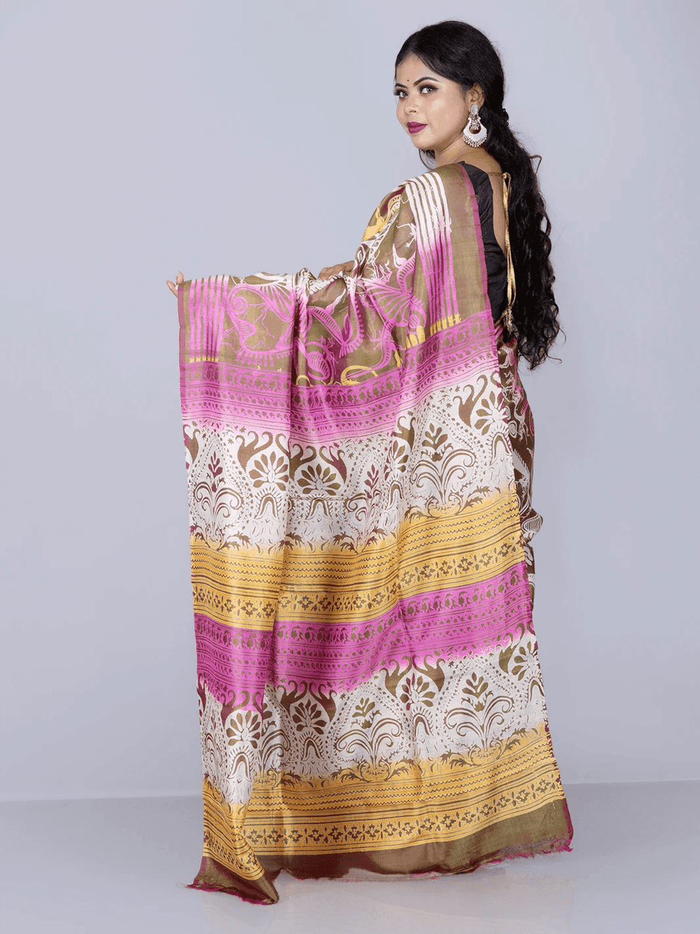 Allover Printed Bishnupuri Katan Silk Saree - WeaversIndia