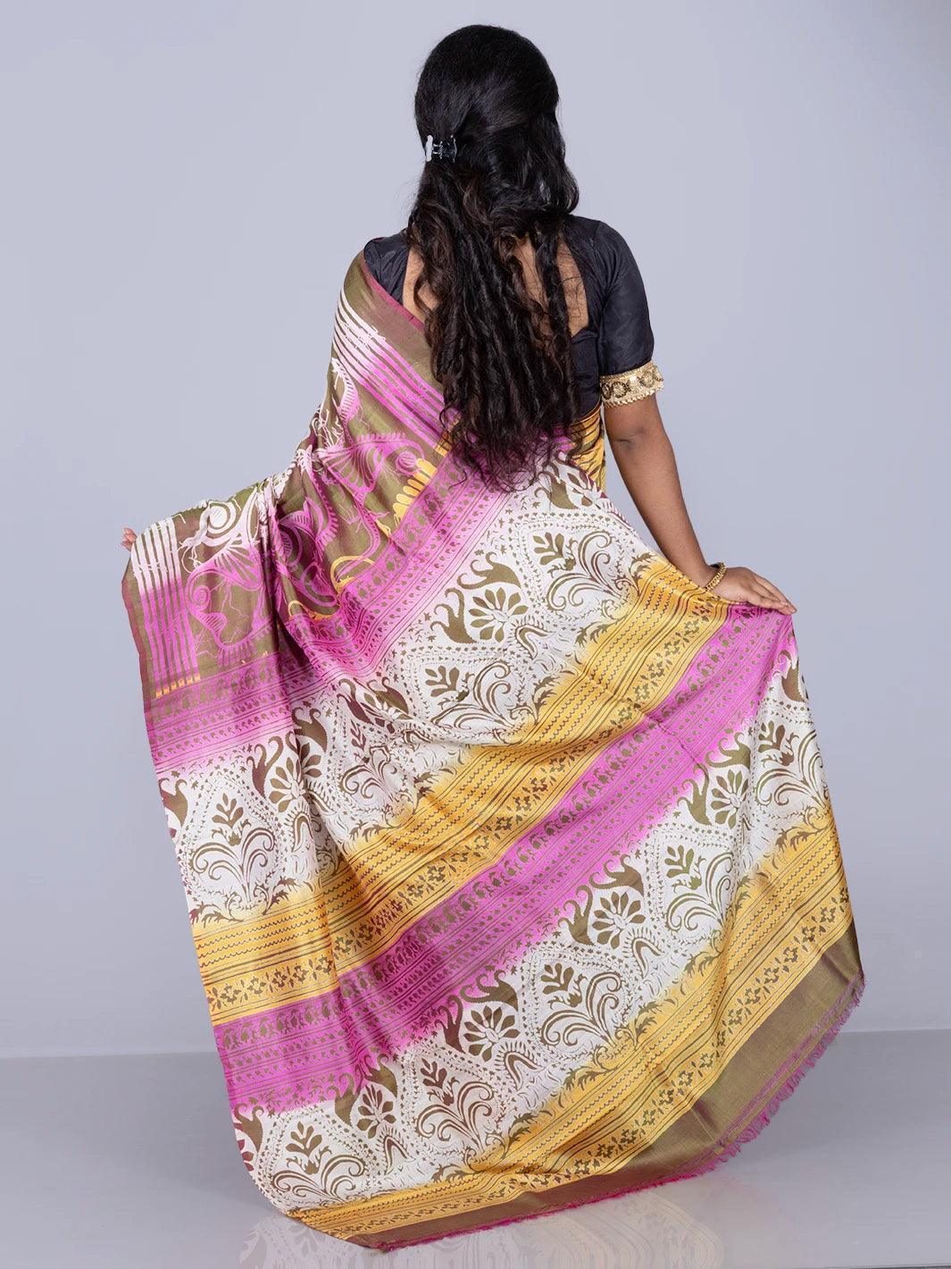 Allover Printed Bishnupuri Katan Silk Saree - WeaversIndia