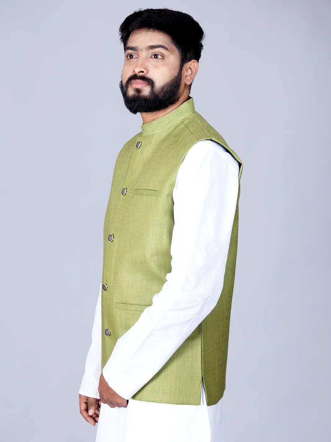 Apple Green Handwoven Cotton Modi Jacket - WeaversIndia