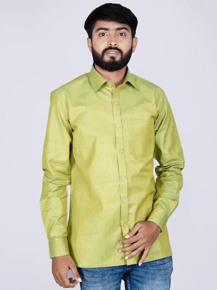 Apple Green Solid Handwoven Organic Cotton Men Full Sleeves Shirt - WeaversIndia