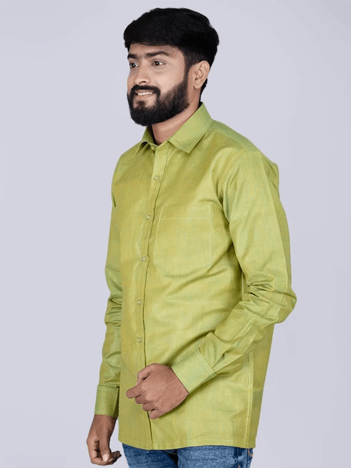 Apple Green Solid Handwoven Organic Cotton Men Full Sleeves Shirt - WeaversIndia