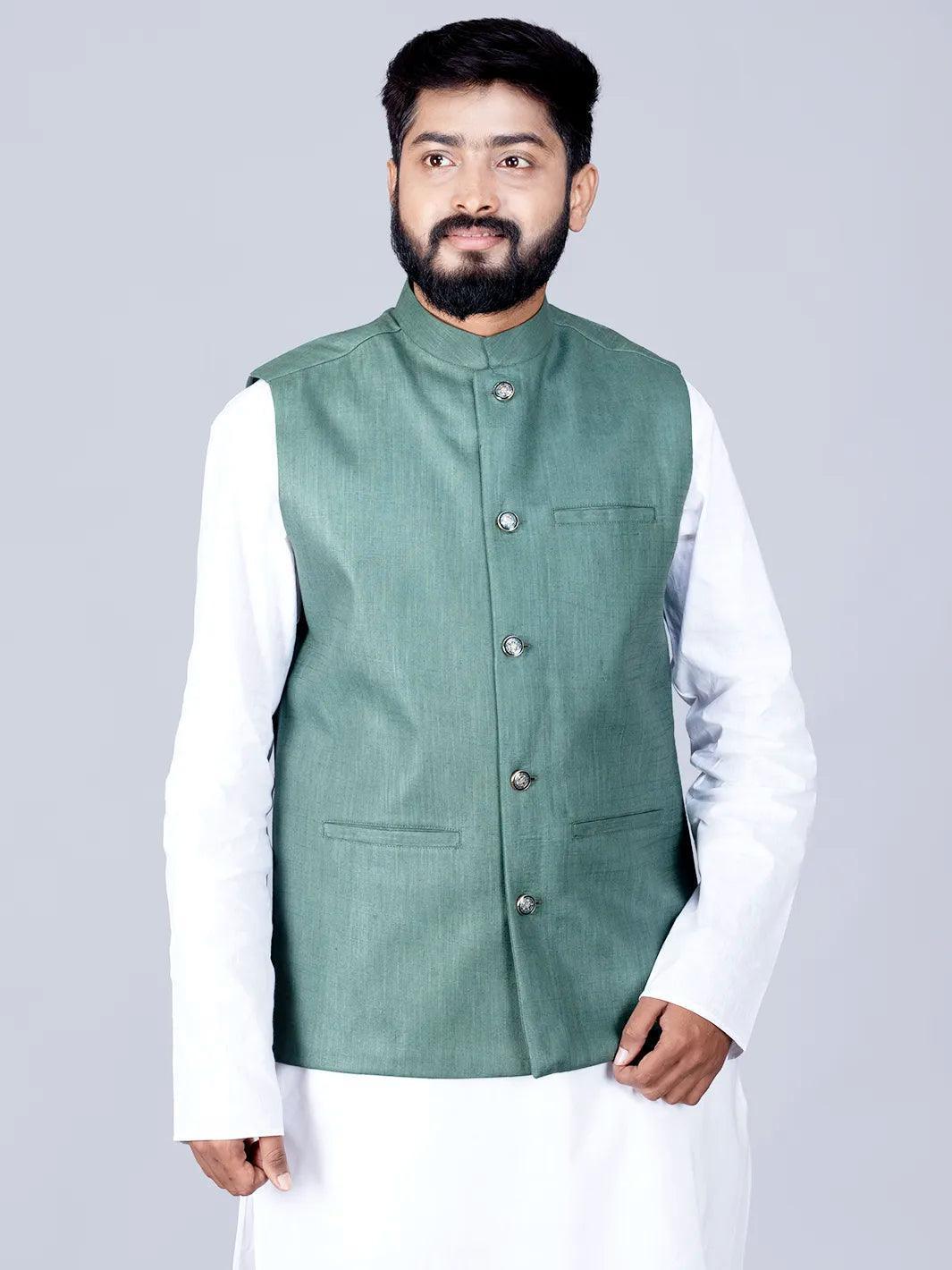 Artichoke Green Handwoven Cotton Modi Jacket - WeaversIndia