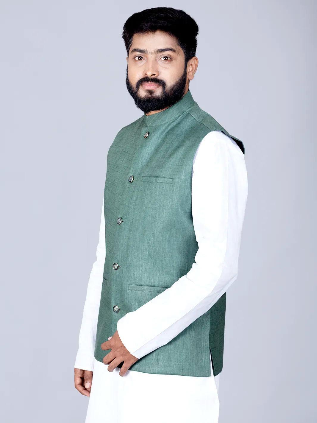 Artichoke Green Handwoven Cotton Modi Jacket - WeaversIndia