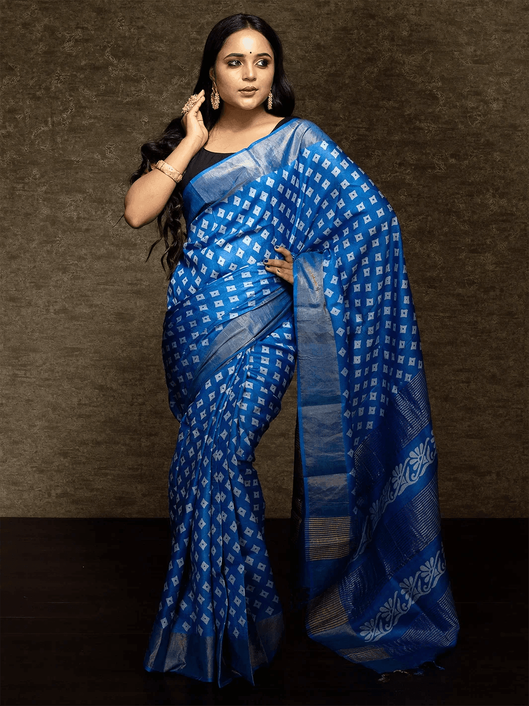 Azure Blue Allover Block Printed Tussar Silk Saree - WeaversIndia