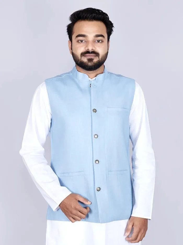 Baby Blue Handwoven Cotton Modi Jacket - WeaversIndia