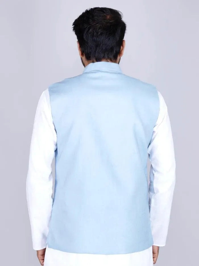 Baby Blue Handwoven Cotton Modi Jacket - WeaversIndia