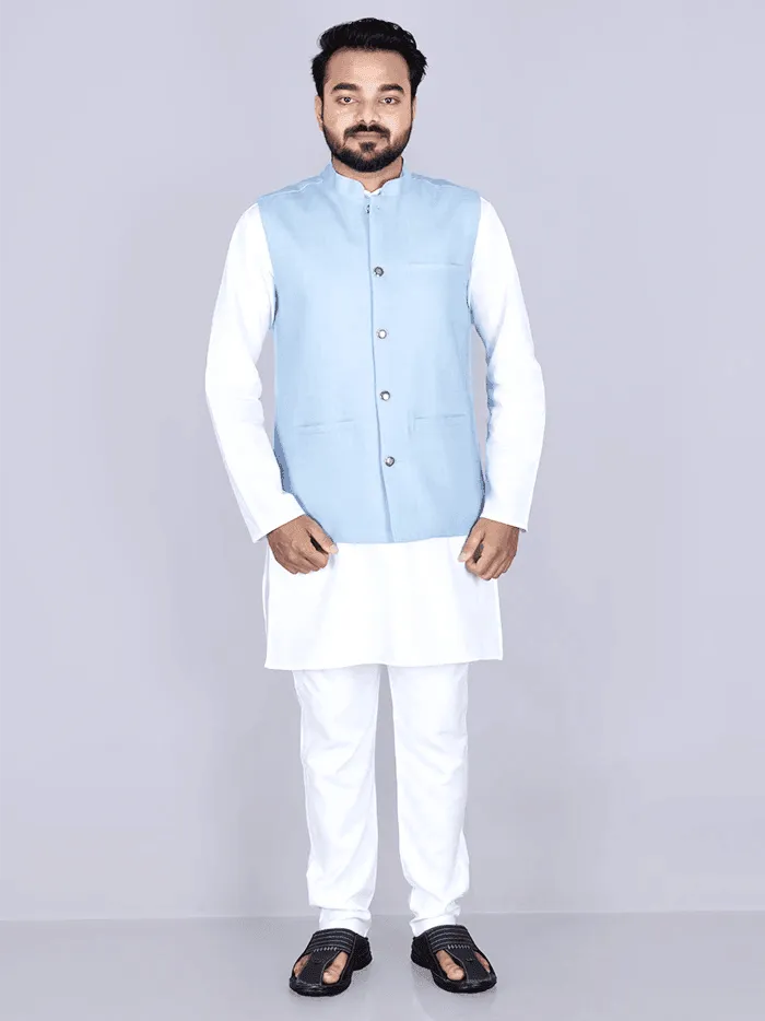 Baby Blue Handwoven Cotton Modi Jacket - WeaversIndia