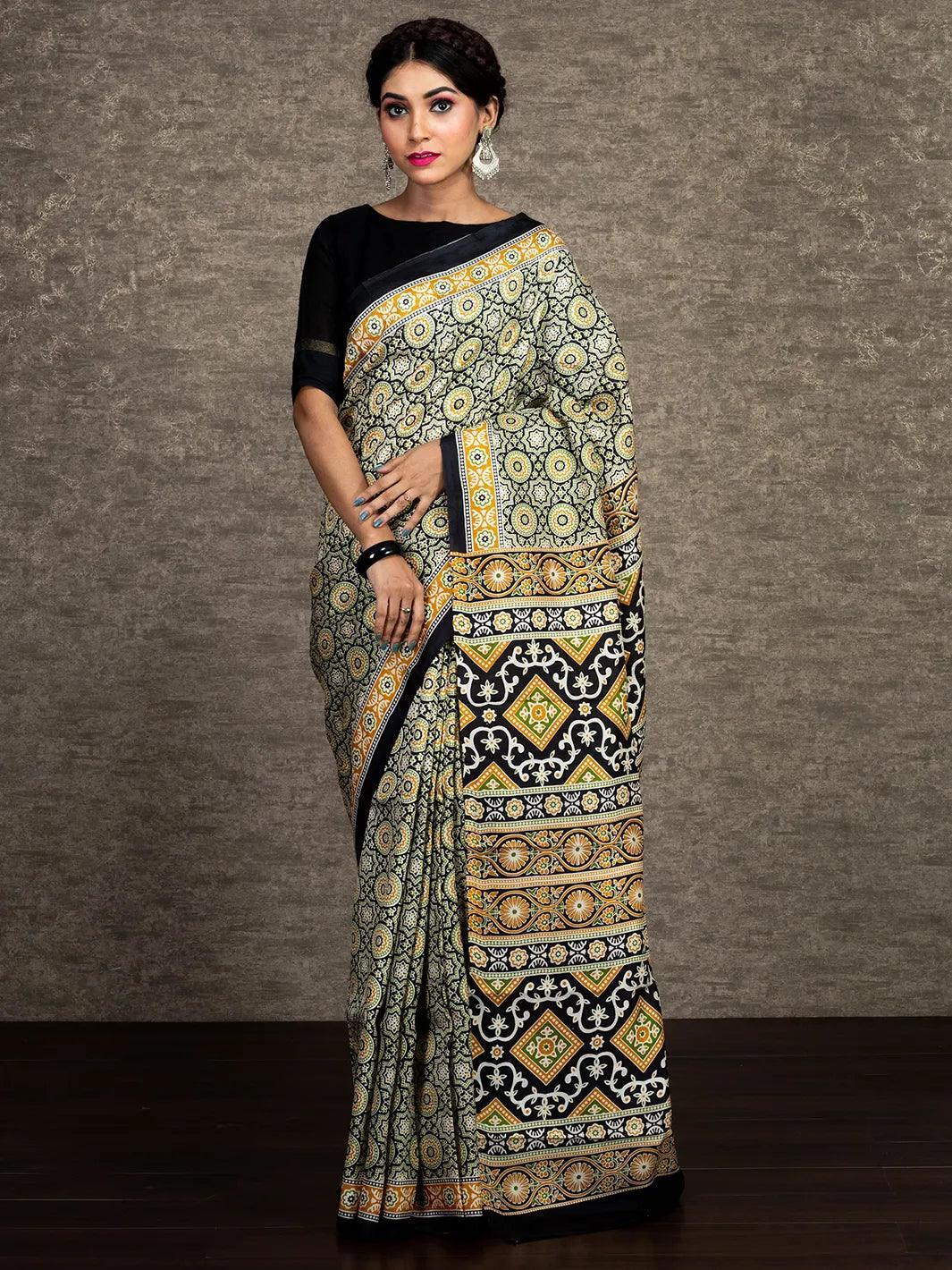 Beautiful Multi Color Ajrakh Printed Silk Saree - WeaversIndia