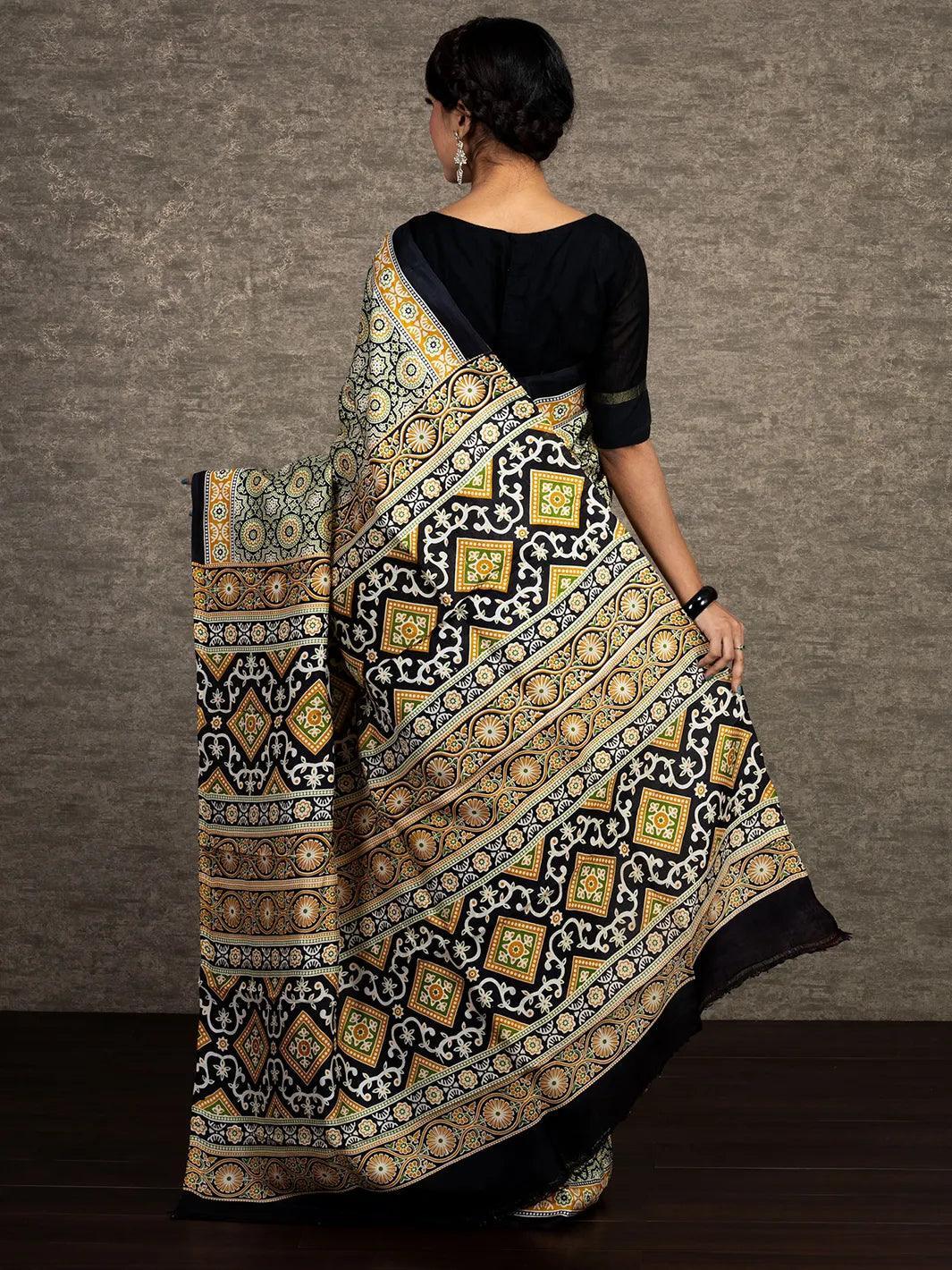 Beautiful Multi Color Ajrakh Printed Silk Saree - WeaversIndia