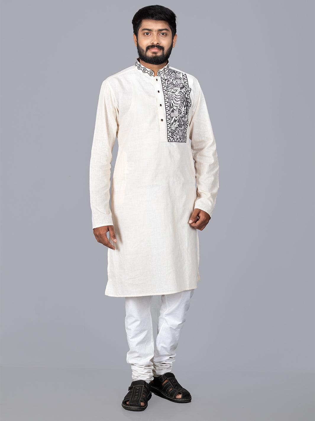 Beige Handwoven Organic Cotton Embroidered Men Kurta - WeaversIndia