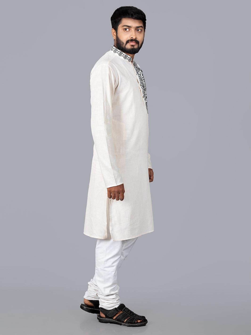 Beige Handwoven Organic Cotton Embroidered Men Kurta - WeaversIndia