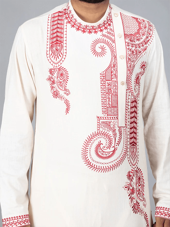 Beige Handwoven Organic Cotton Embroidered Men Kurta - WeaversIndia