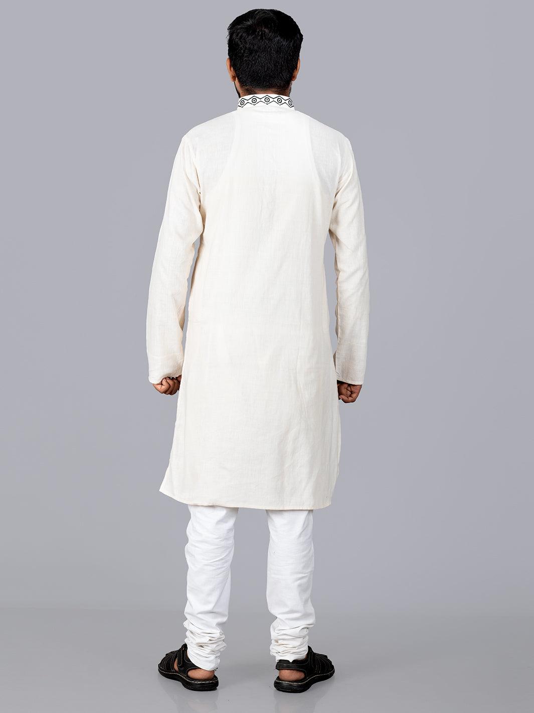 Beige Handwoven Organic Cotton Embroidered Men Kurta - WeaversIndia