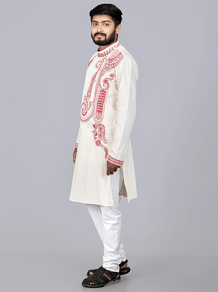 Beige Handwoven Organic Cotton Embroidered Men Kurta - WeaversIndia