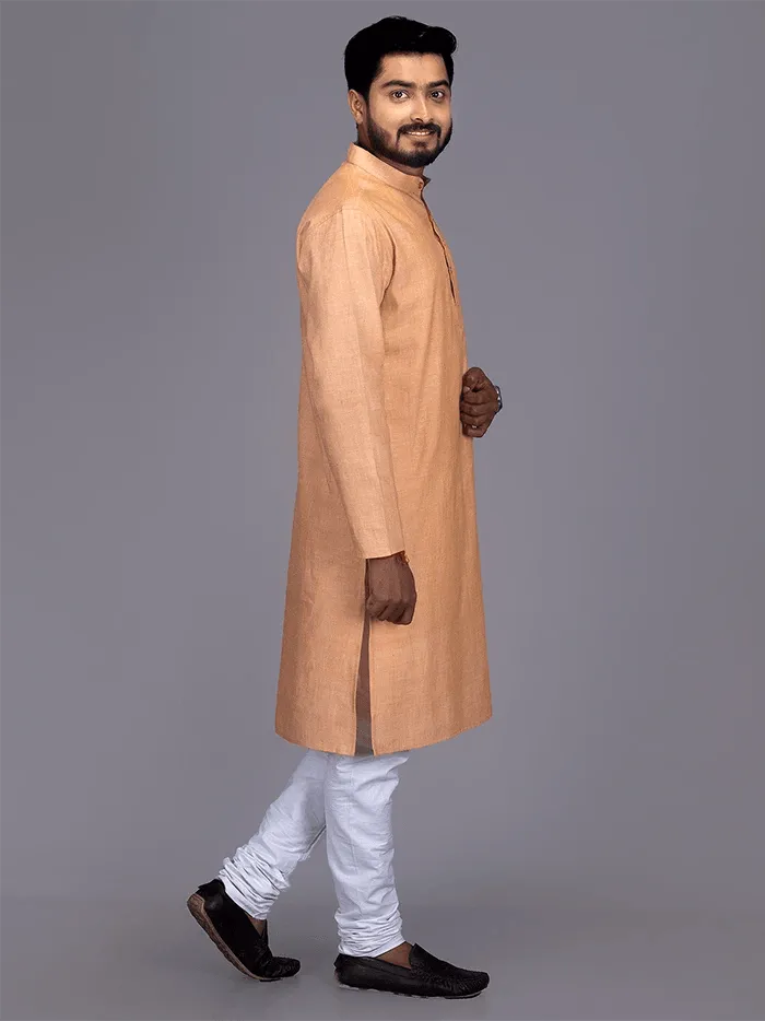 Bisque Full Sleeves Handwoven Cotton Men Kurta - WeaversIndia