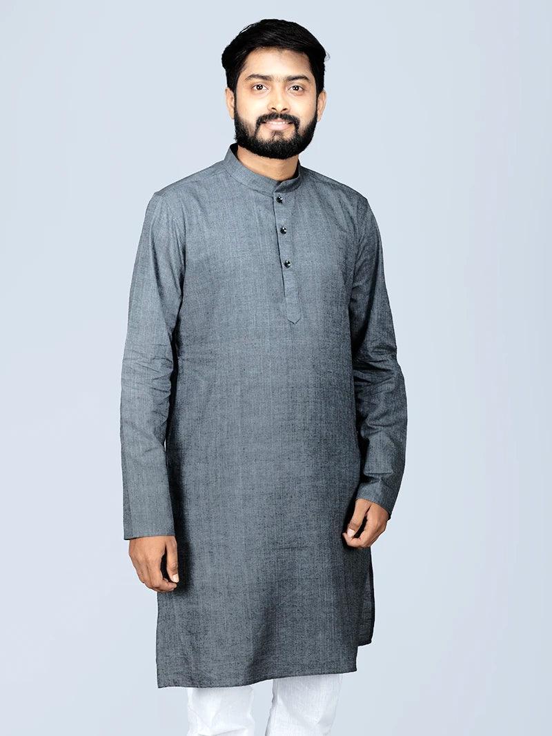 Black Grey Handwoven Organic Cotton Men Kurta - WeaversIndia