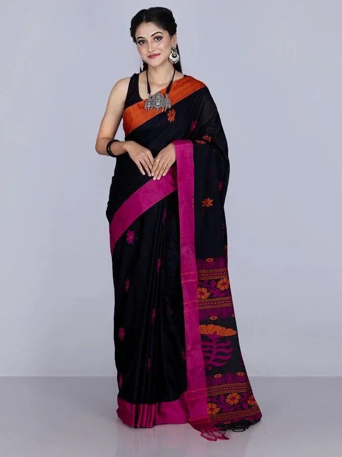 Black Par Anchal Buti Cotton Saree - WeaversIndia