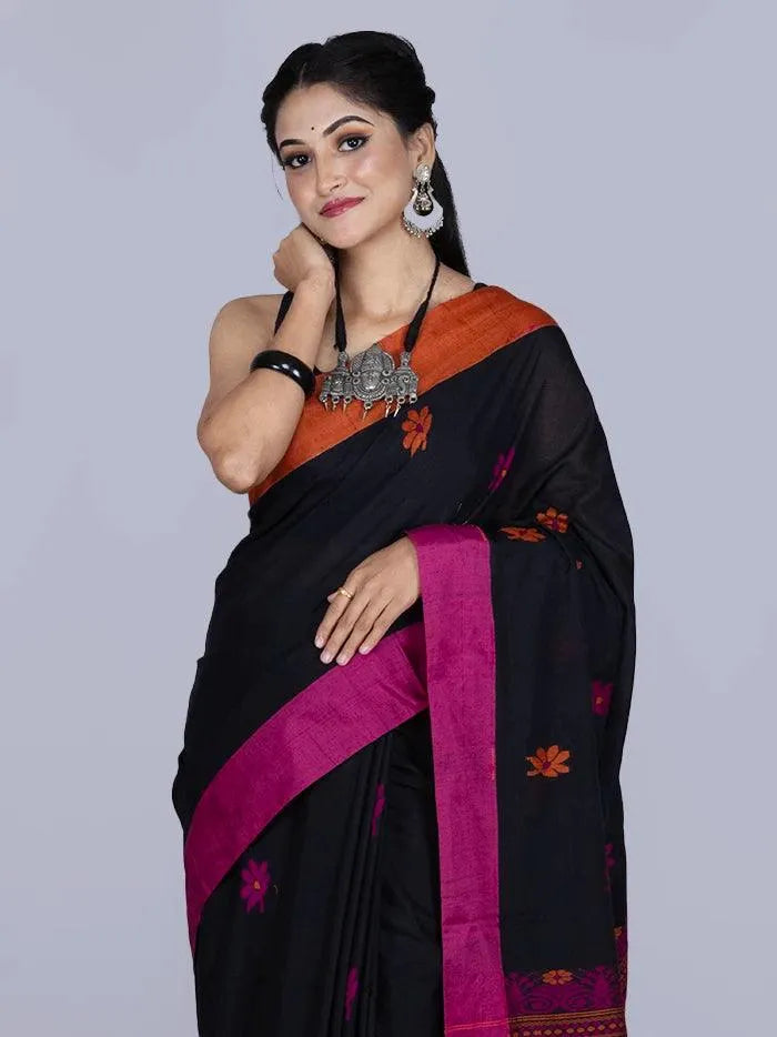 Black Par Anchal Buti Cotton Saree - WeaversIndia