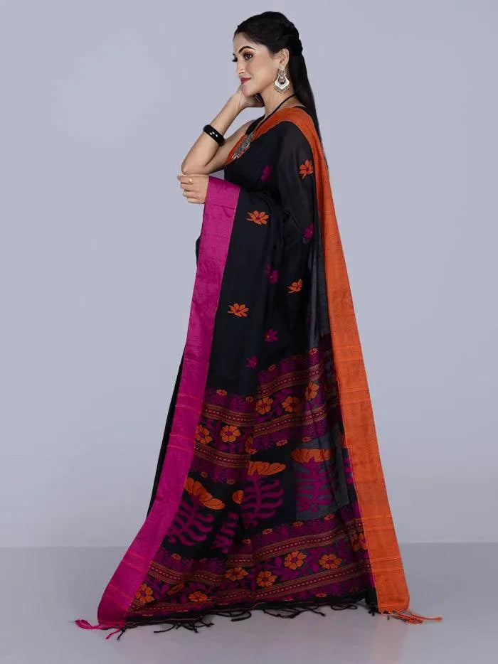 Black Par Anchal Buti Cotton Saree - WeaversIndia