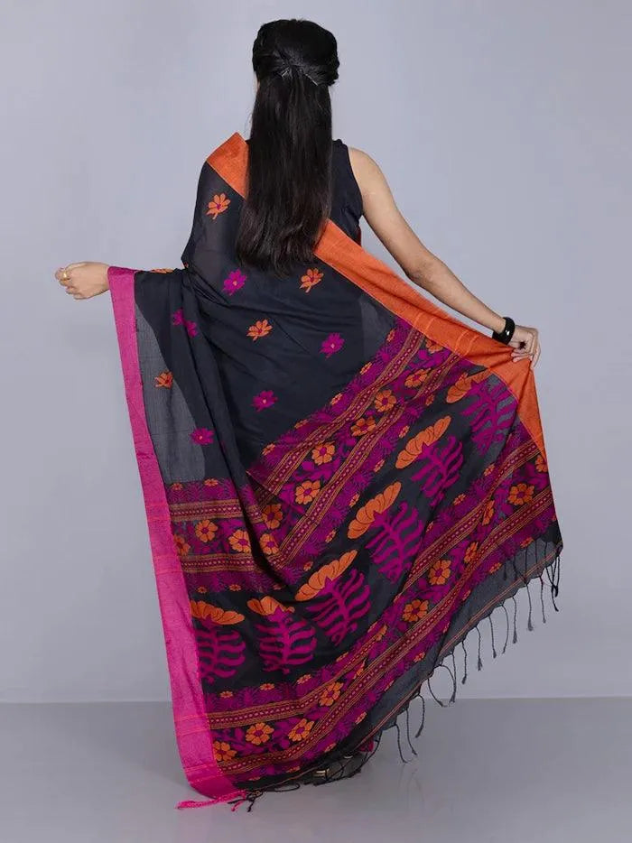 Black Par Anchal Buti Cotton Saree - WeaversIndia