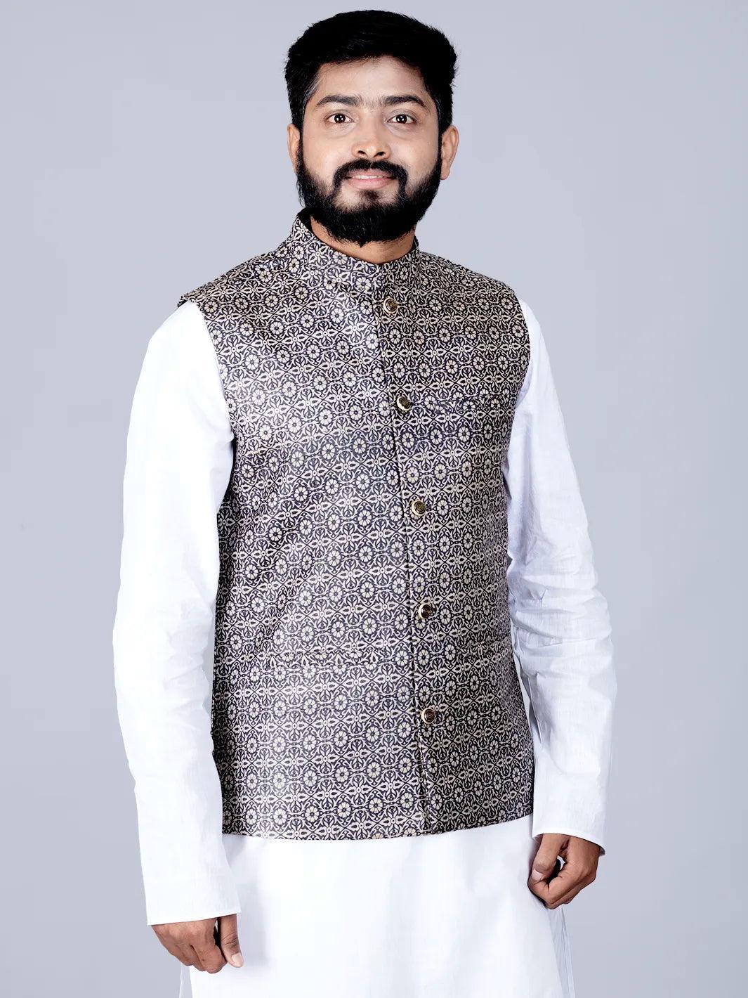 Black Printed Ghicha Silk Modi Jacket - WeaversIndia