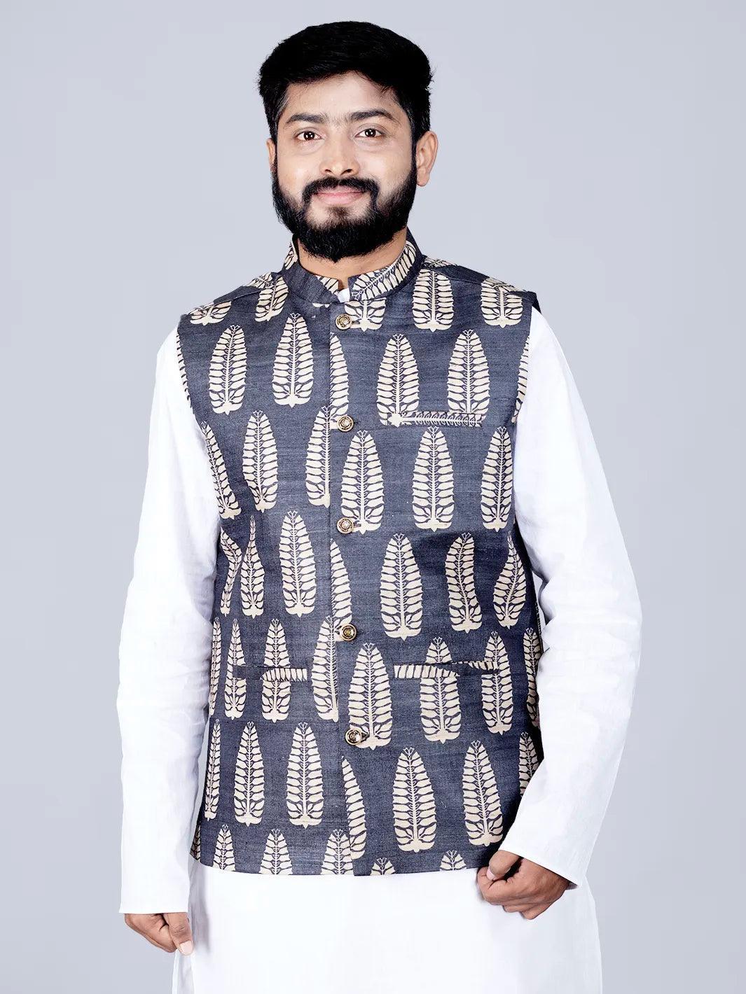 Black Printed Ghicha Silk Modi Jacket - WeaversIndia