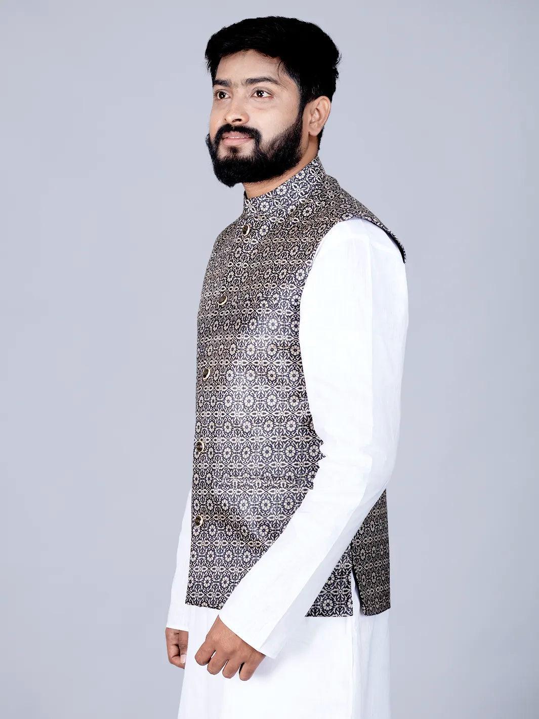 Black Printed Ghicha Silk Modi Jacket - WeaversIndia