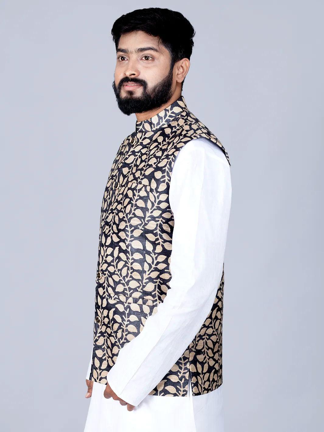 Black Printed Ghicha Silk Modi Jacket - WeaversIndia