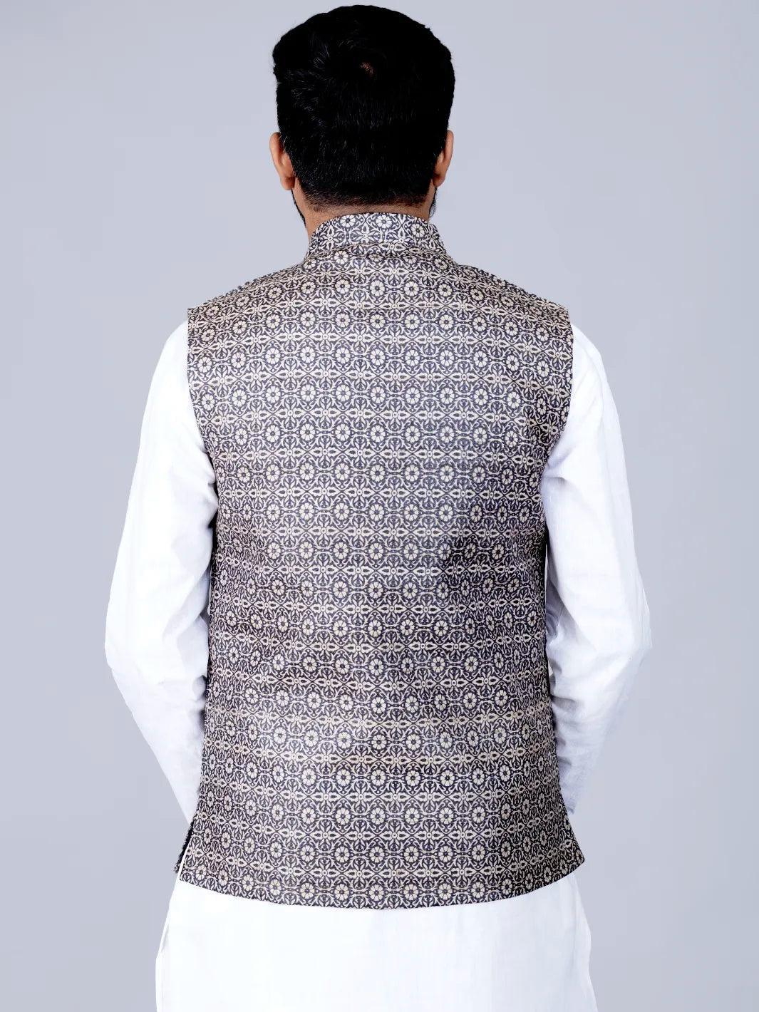 Black Printed Ghicha Silk Modi Jacket - WeaversIndia