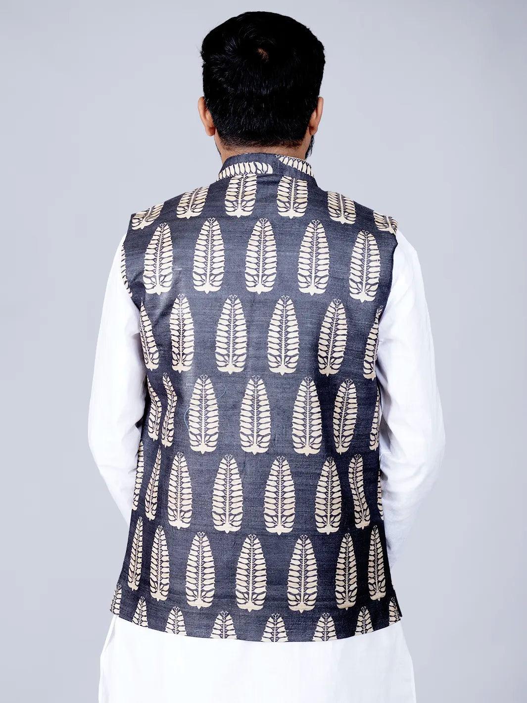 Black Printed Ghicha Silk Modi Jacket - WeaversIndia