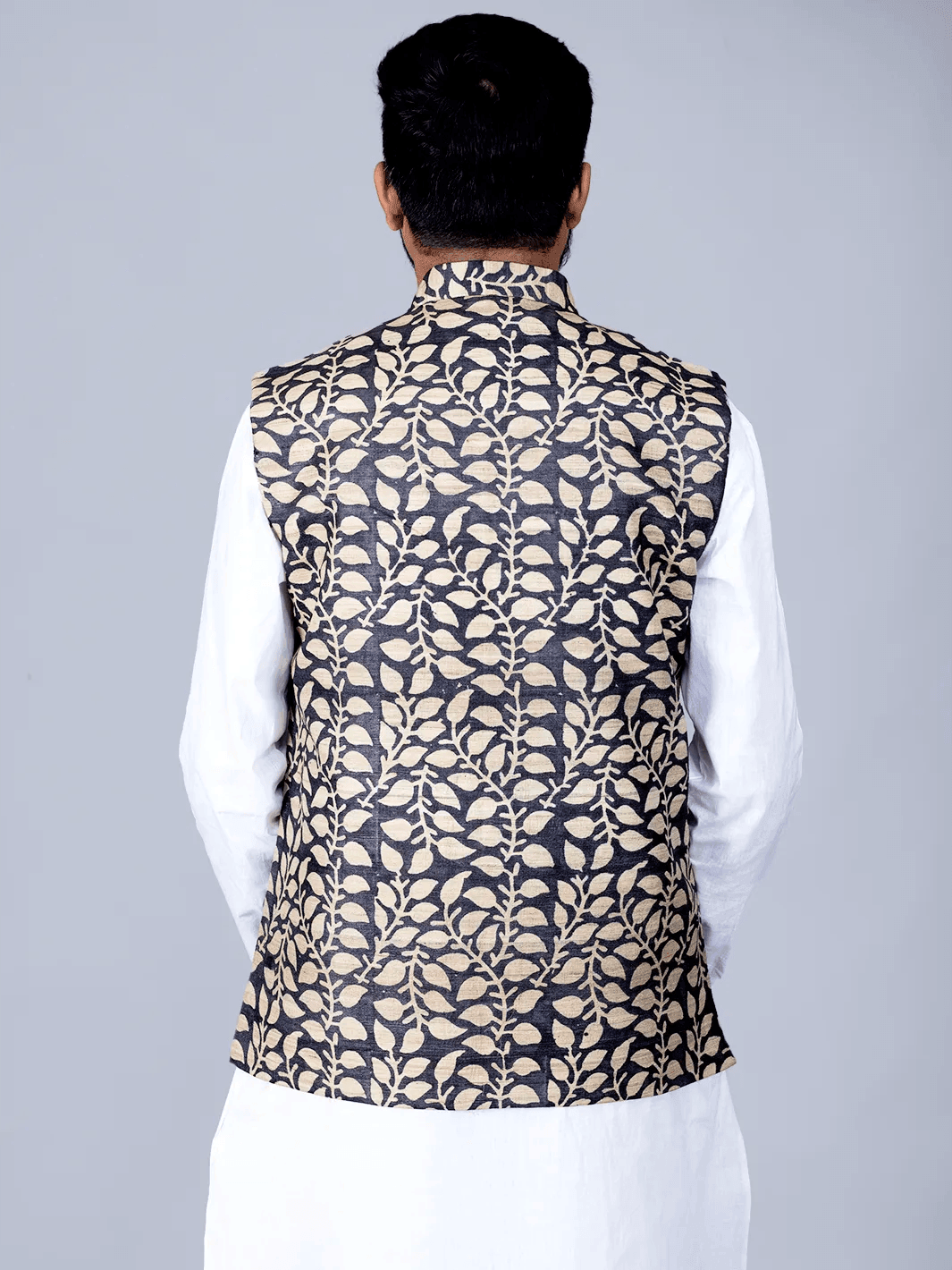 Black Printed Ghicha Silk Modi Jacket - WeaversIndia