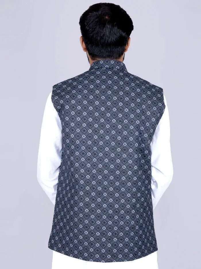 Black Printed Poly Cotton Modi Jacket - WeaversIndia