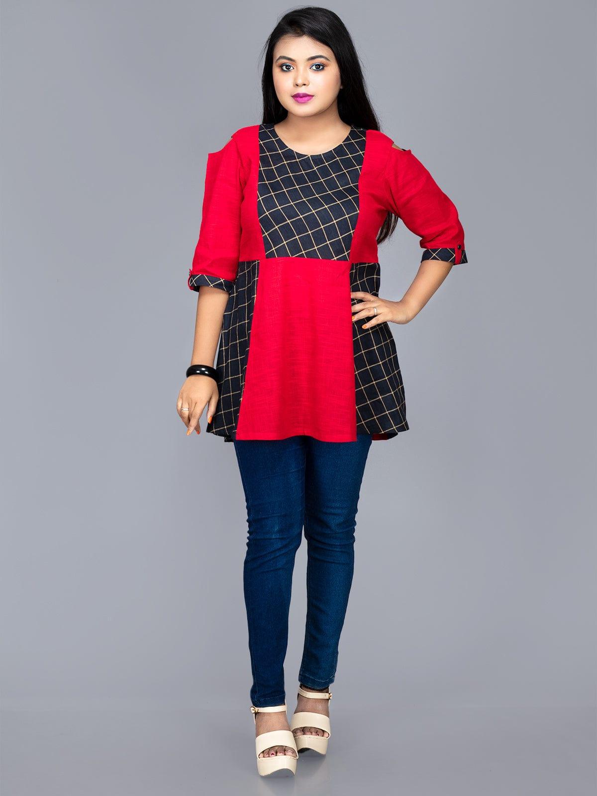 Black Red Combination Cotton Top - WeaversIndia