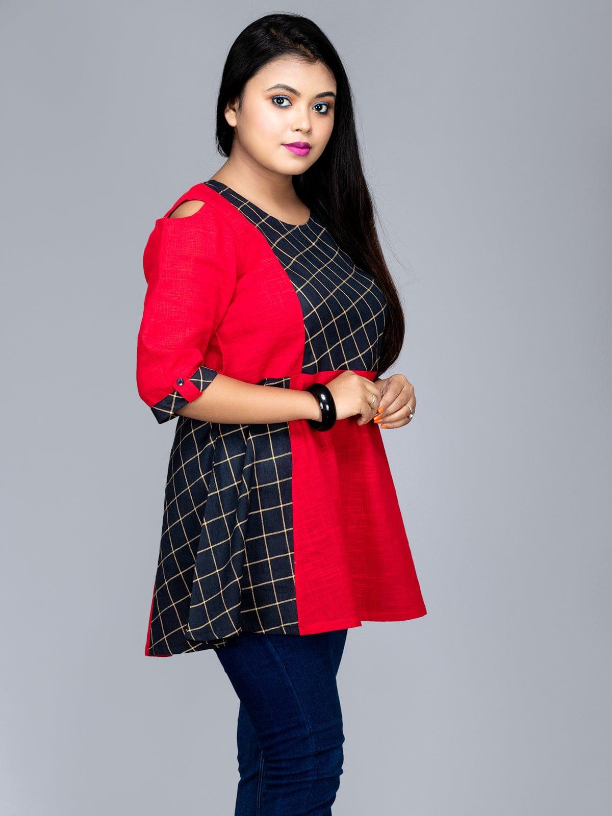 Black Red Combination Cotton Top - WeaversIndia