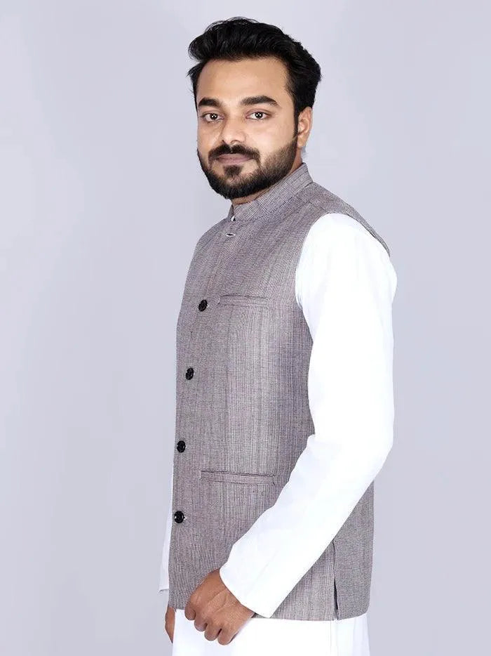 Black White Handwoven Cotton Modi Jacket - WeaversIndia