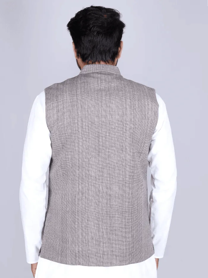 Black White Handwoven Cotton Modi Jacket - WeaversIndia