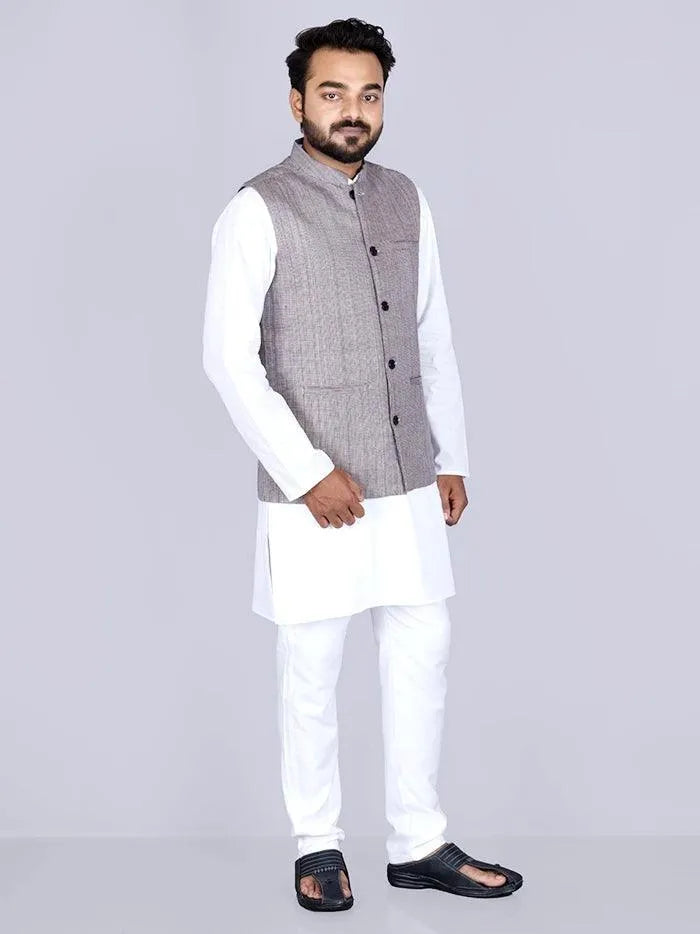 Black White Handwoven Cotton Modi Jacket - WeaversIndia