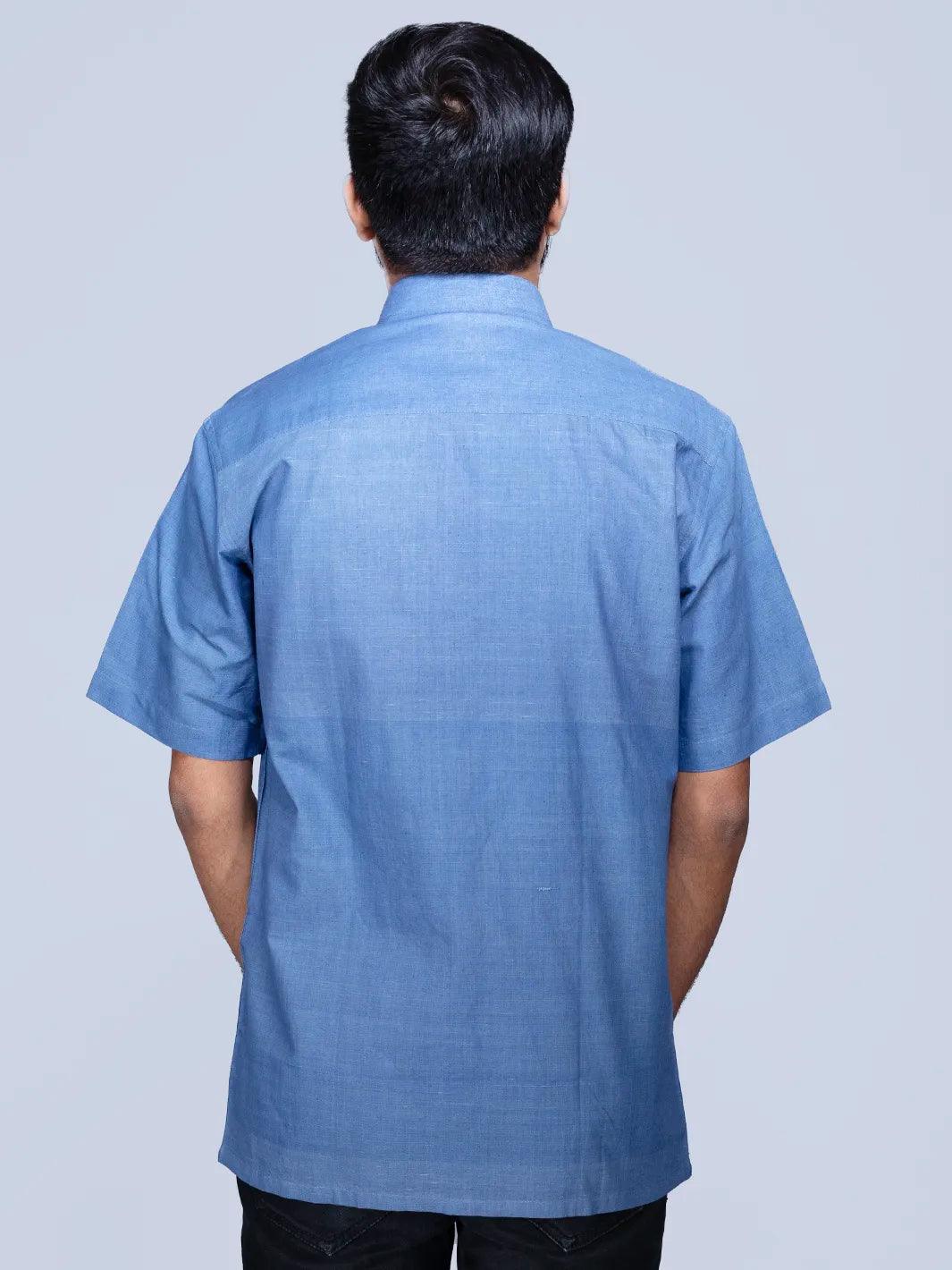 Blue Handwoven Organic Cotton Formal Men Shirt - WeaversIndia