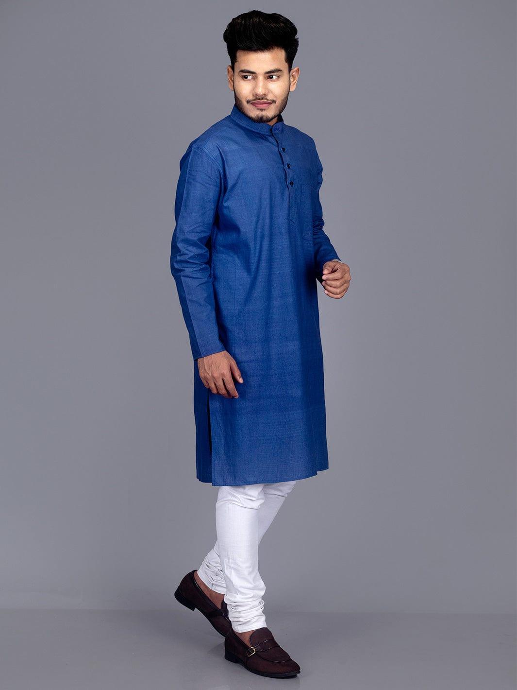 Blue Handwoven Organic Cotton Men Kurta - WeaversIndia