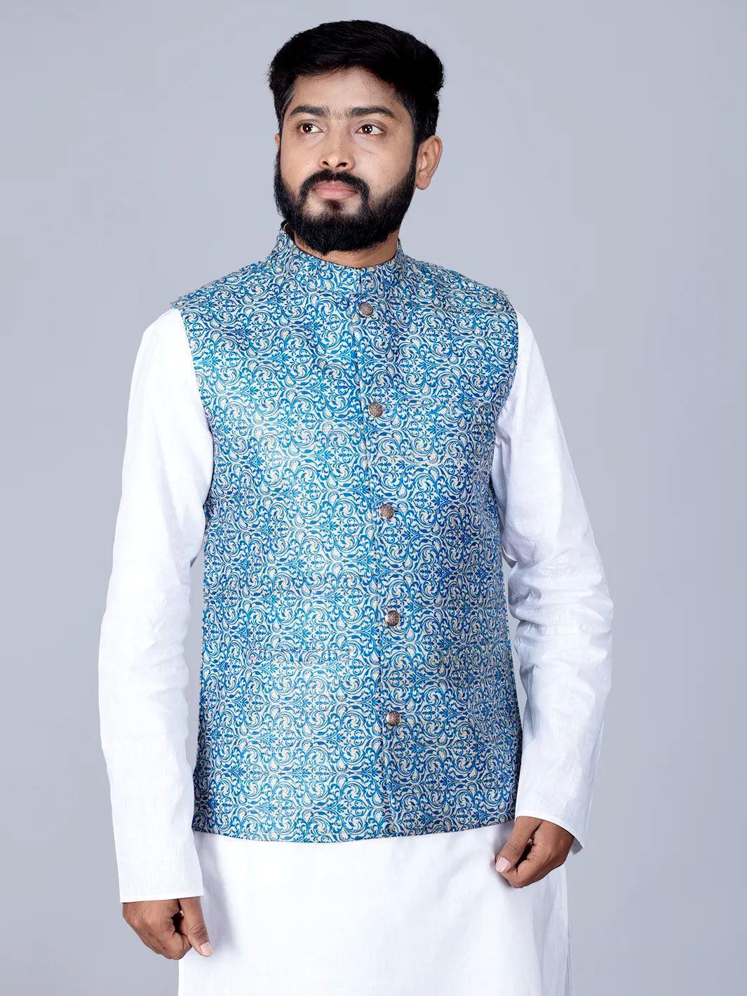 Blue Printed Ghicha Silk Modi Jacket - WeaversIndia