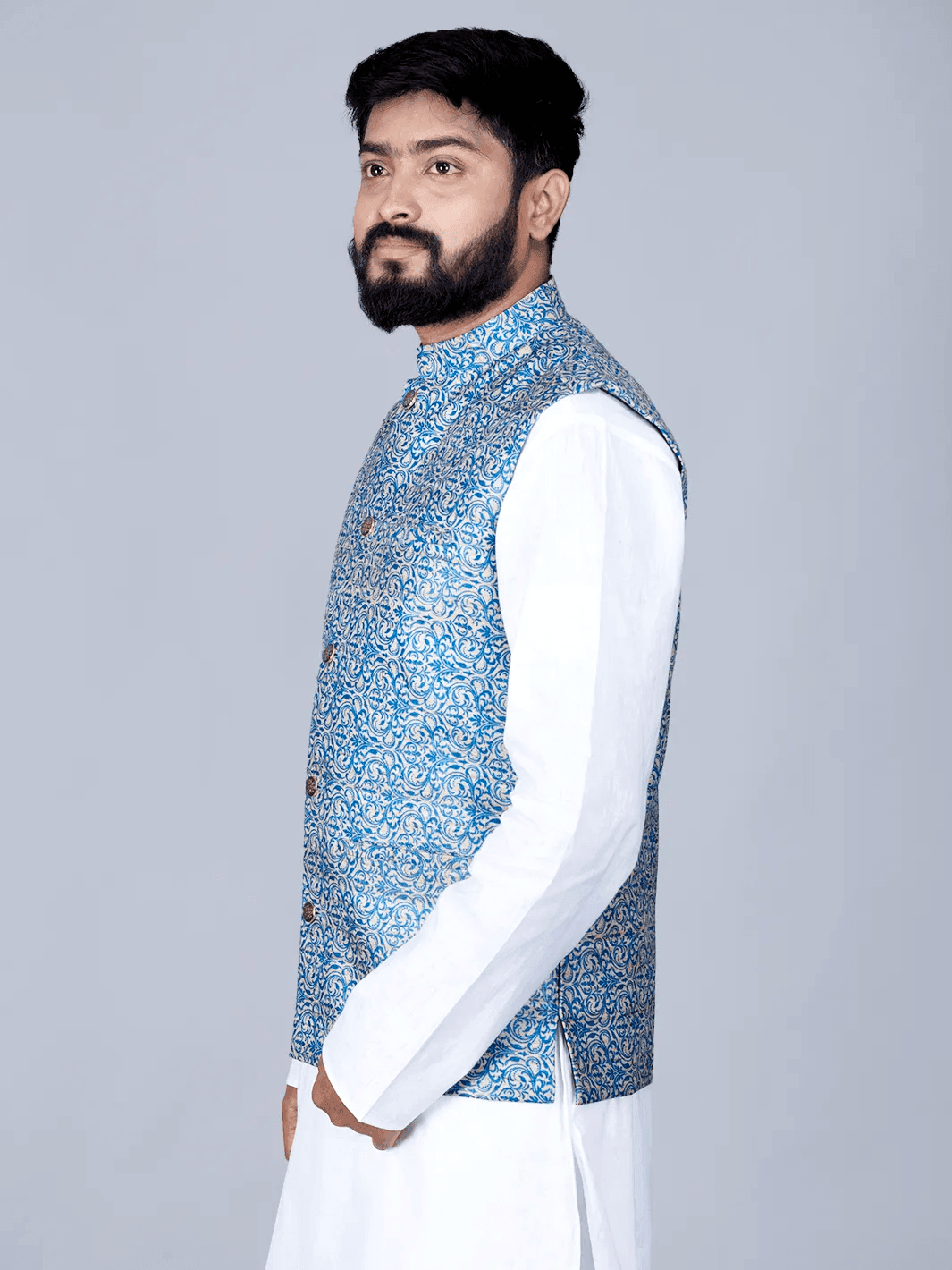 Blue Printed Ghicha Silk Modi Jacket - WeaversIndia