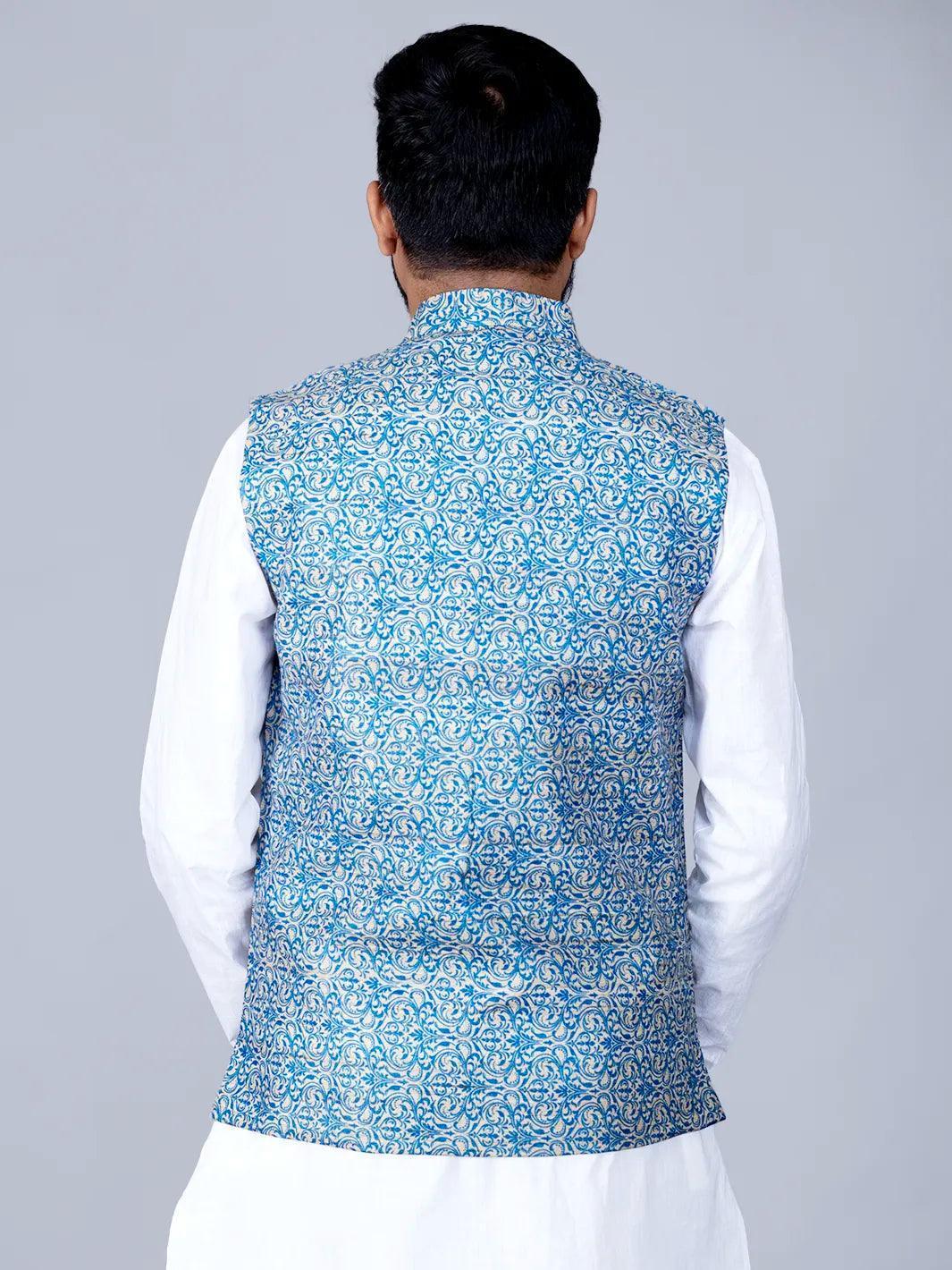 Blue Printed Ghicha Silk Modi Jacket - WeaversIndia