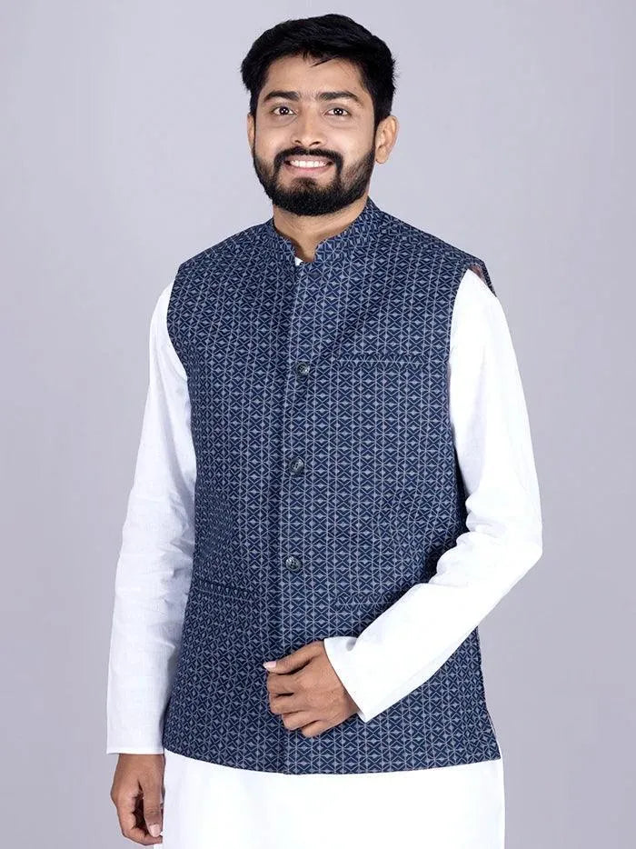 Blue Printed Poly Cotton Modi Jacket - WeaversIndia